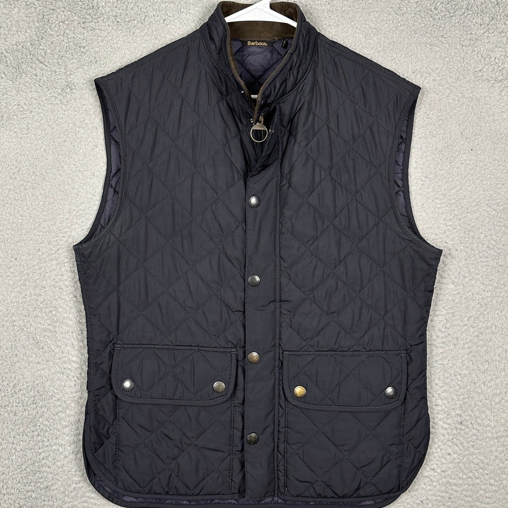 Barbour Gilet Vest Womens Large Lowerdale Dark Navy Quilted Snap Zip Sleeveless